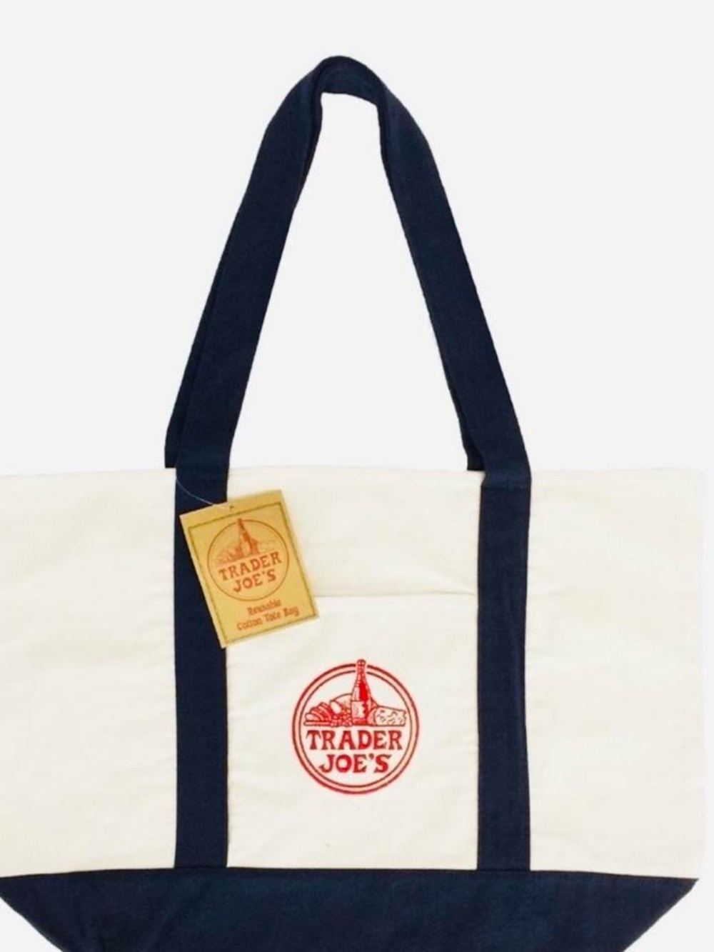 ✨New With Tags Trader Joe’s Cream and Navy Canvas Tote Bag
